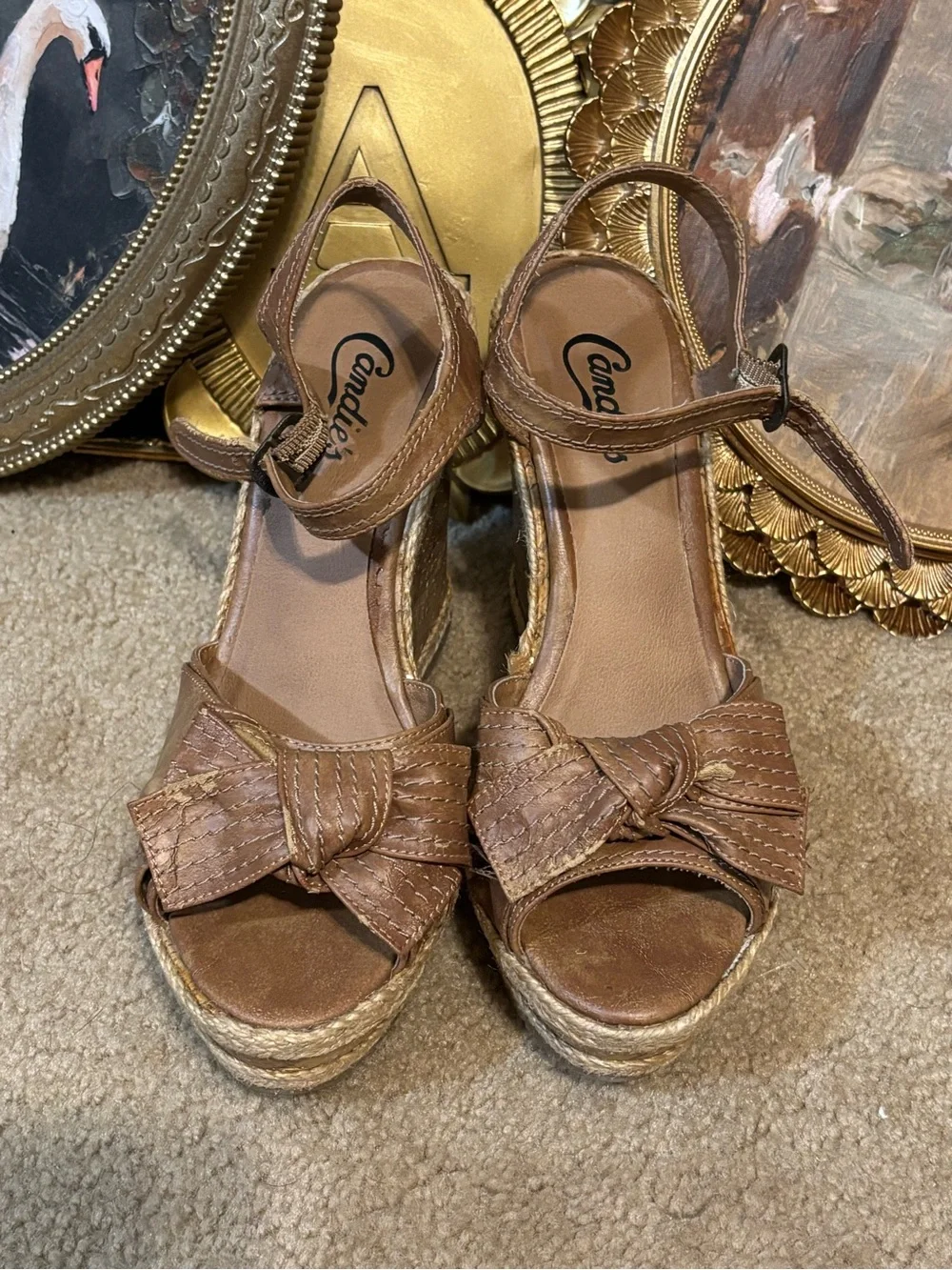 Coach Brown Cork Platform Wedge Sandals with Bow